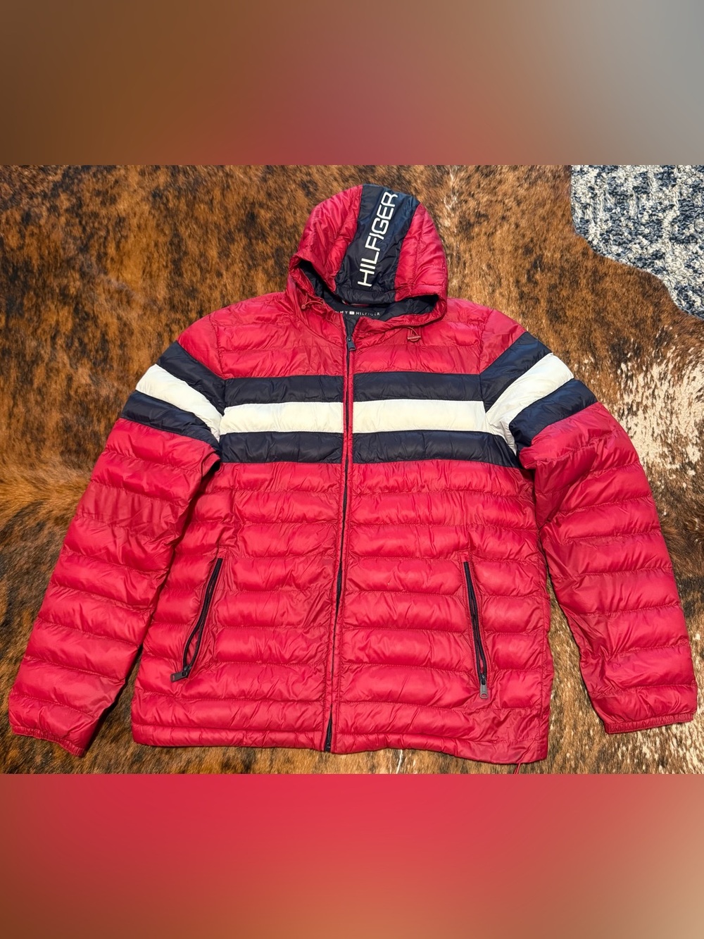 Tommy Hilfiger Quilted Colorblocked Down Hooded Puffer Coat Jacket Mens Sz L